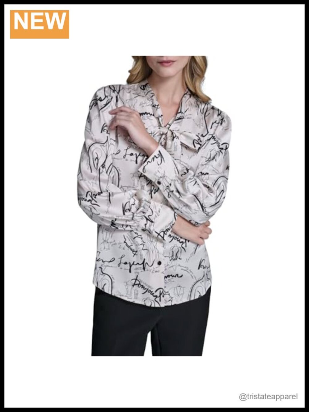 Long Sleeve Printed Tie-Neck Blouse 100% Polyester Women's Button Down